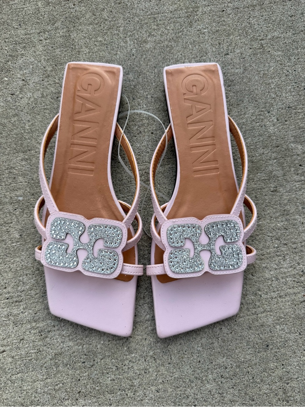 Ganni Pink Crystal Square-Toe Slide Sandals